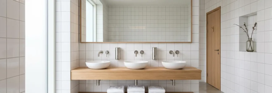 Sanitaires professionnels lumineux et impeccables, sans odeur — ambiance épurée et sereine