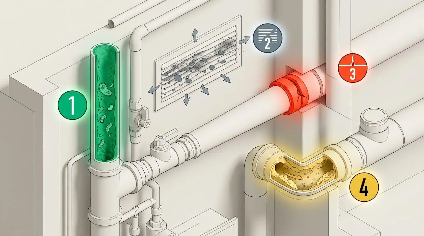 Schéma isométrique en coupe d'une installation sanitaire révélant quatre zones problématiques : biofilm vert dans les canalisations, ventilation obstruée, joint silicone fissuré en rouge, et accumulation de tartre jaune