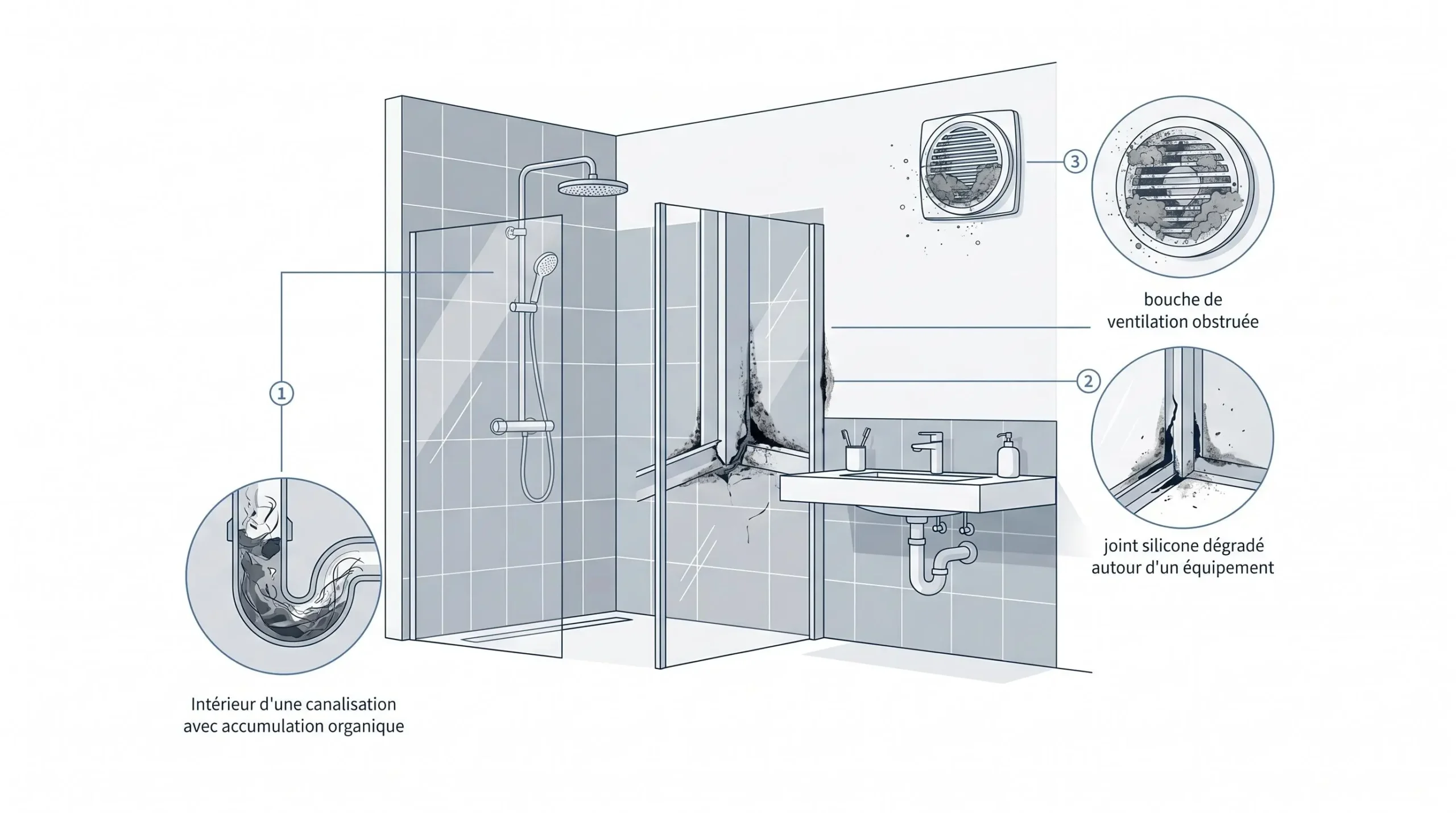 Illustration des 3 zones sources d'odeurs dans un sanitaire professionnel : canalisation avec biofilm, joint silicone dégradé, ventilation obstruée